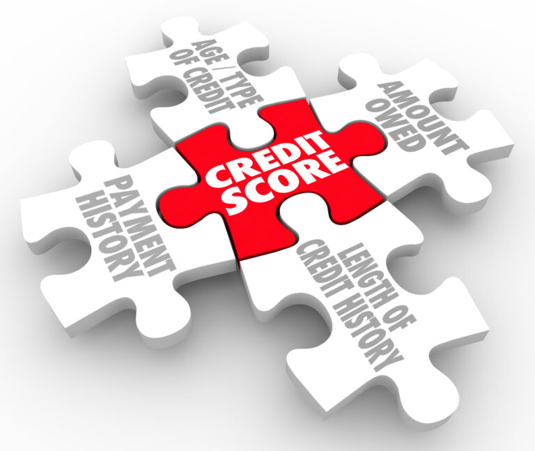 Credit score jigsaw puzzle showing payment history and amount owed