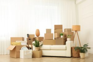 Living room with packed boxes ready for a move